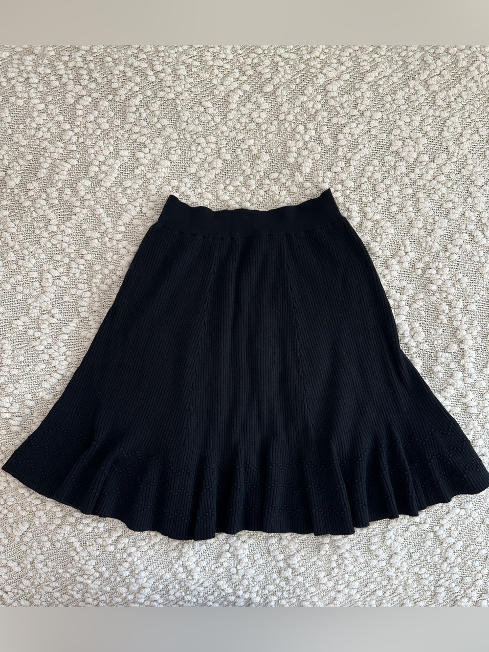 Maeve Anthropologie Black Ribbed Knit Flared Sweater Skirt Zig-Zag Bobble Hem S
